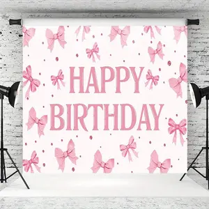 1PC,2D Flat Pink Bow Happy Birthday Backdrop, Children's Party Decoration Photo Background Cloth, Girl's Birthday Scene Layout Photography Backdrop, Sweet Style Party Background Prop