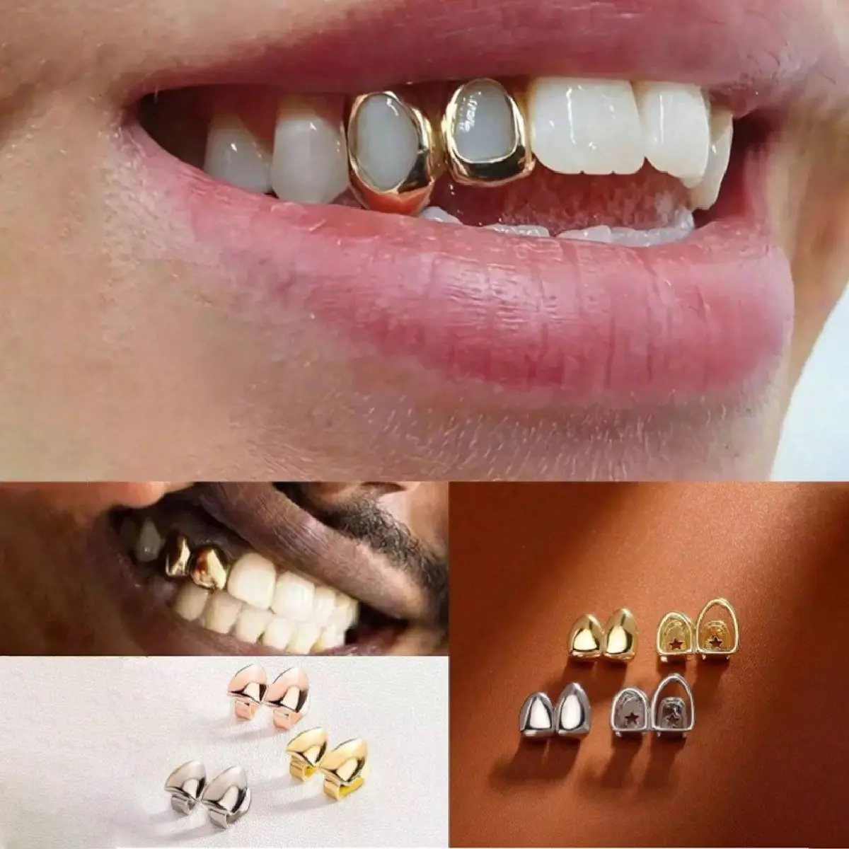 Hip Hop Tooth Grillz, 2-Piece Unisex Brass Set with Bright Plating, Comfortable and Secure Fit for Music Festivals & Halloween Parties, Cosplay Events, Customizable Fit, Great Gift For Hip-Hop Fan, Durable Plating, Flexible Silicone Molds, Non-Irritating