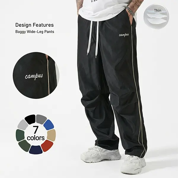 Men’s baggy wide-leg pants | Clean-fit tracksuit bottoms with side stripe and gold piping | Lightweight streetwear sweatpants for summer plad pants