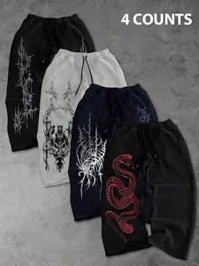 Men's Gothic Thorn Skull Snake Print Wide Leg Pants Set, Casual Fitted Streetwear, Water Wash Loose Fit, 4 Pieces