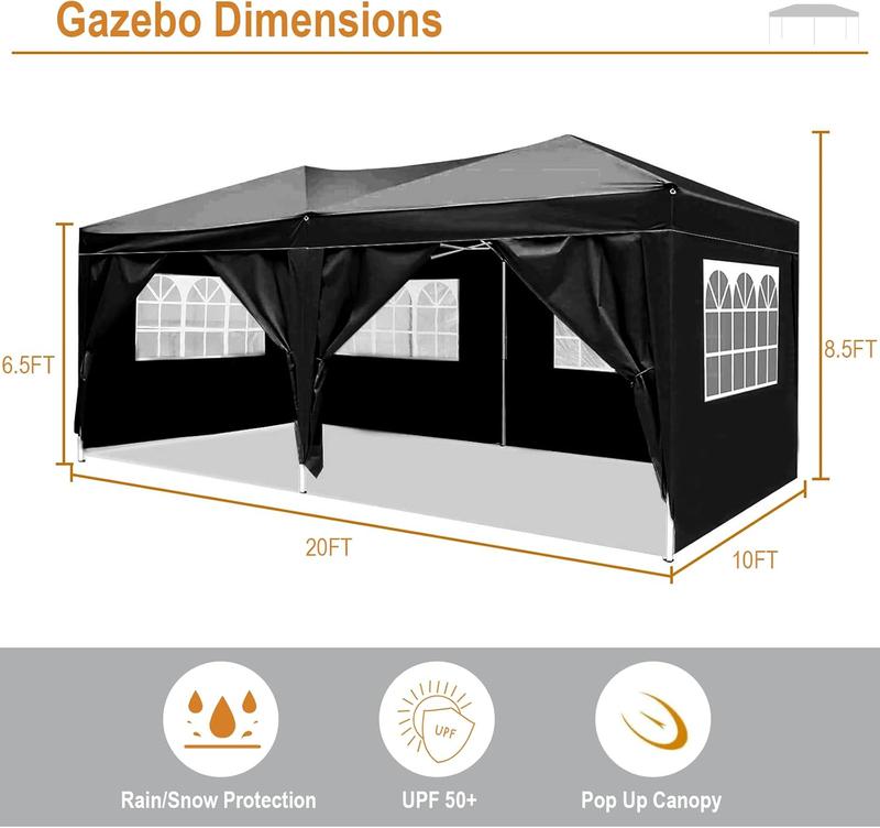 Ling Rong 10x20 Black Pop Up Canopy Outdoor Party Tent with 6 Sidewalls, Wedding Party Tent Outdoor Waterproof UV50 Canopy Event Shelter Tents for Parties, 6 pcs Weight Bag,Carry Bag