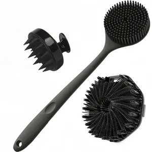 Silicone Bath Brush Set (3-piece) Includes one silicone shampoo brush, one silicone long-handled bath brush, and one silicone shower brush, suitable for the bathroom