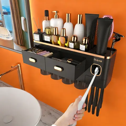 iHave Durable Modern Glossy ABS Plastic Toothbrush and Toothpaste Holder Set - Press-on Wall-Mount, 4 Magnetic Cups, 1 Tray, 1 Storage Compartment, 2 Drawers, Dust-Proof Bathroom Organizer Accessories