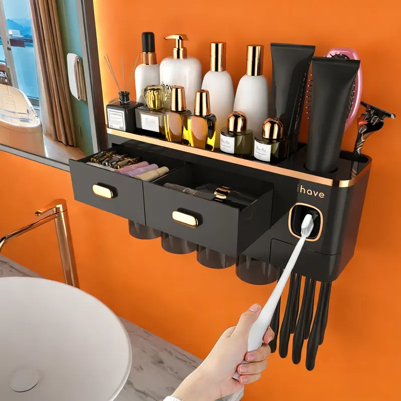 iHave Durable Modern Glossy ABS Plastic Toothbrush and Toothpaste Holder Set - Press-on Wall-Mount, 4 Magnetic Cups, 1 Tray, 1 Storage Compartment, 2 Drawers, Dust-Proof Bathroom Organizer Accessories