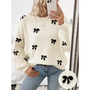 Women's Bow Pattern Crew Neck Sweater, Casual Long Sleeve Jumper for Summer, Fashion Women's Knitwear for Daily Wear