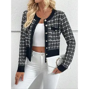Women's Casual Classic Fashion Sweater Cardigan, Fitted Knit Plaid Design, Moderate Fabric Thickness, Fall & Winter Wear