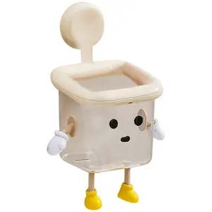Robot Suction Cup Organizer Wall Mounted Bathroom Holder with Bottom Water Outlet Cartoon Design for Toothbrush Storage and Sundries Minimalist Cute Organizer for Bathroom Sink Counter (White)