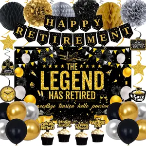 Retirement Party Decorations Men Women, Black Gold Happy Retirement Decorations, Happy RetIrement Banner, Retired Backdrop, Balloons, Pompoms, Hanging Swirls, Retired Cards, Cake Toppers Set 54pcs