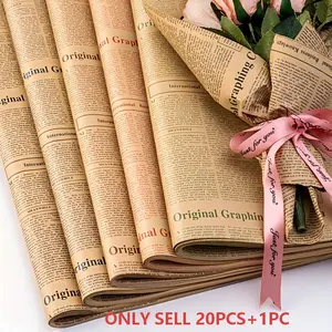 Kraft Paper 20 Sheets + 1 Roll Ribbon Set, Vintage Newspaper Gift Wrapping, DIY Floral Packaging, Wedding Decor, Moving Supplies