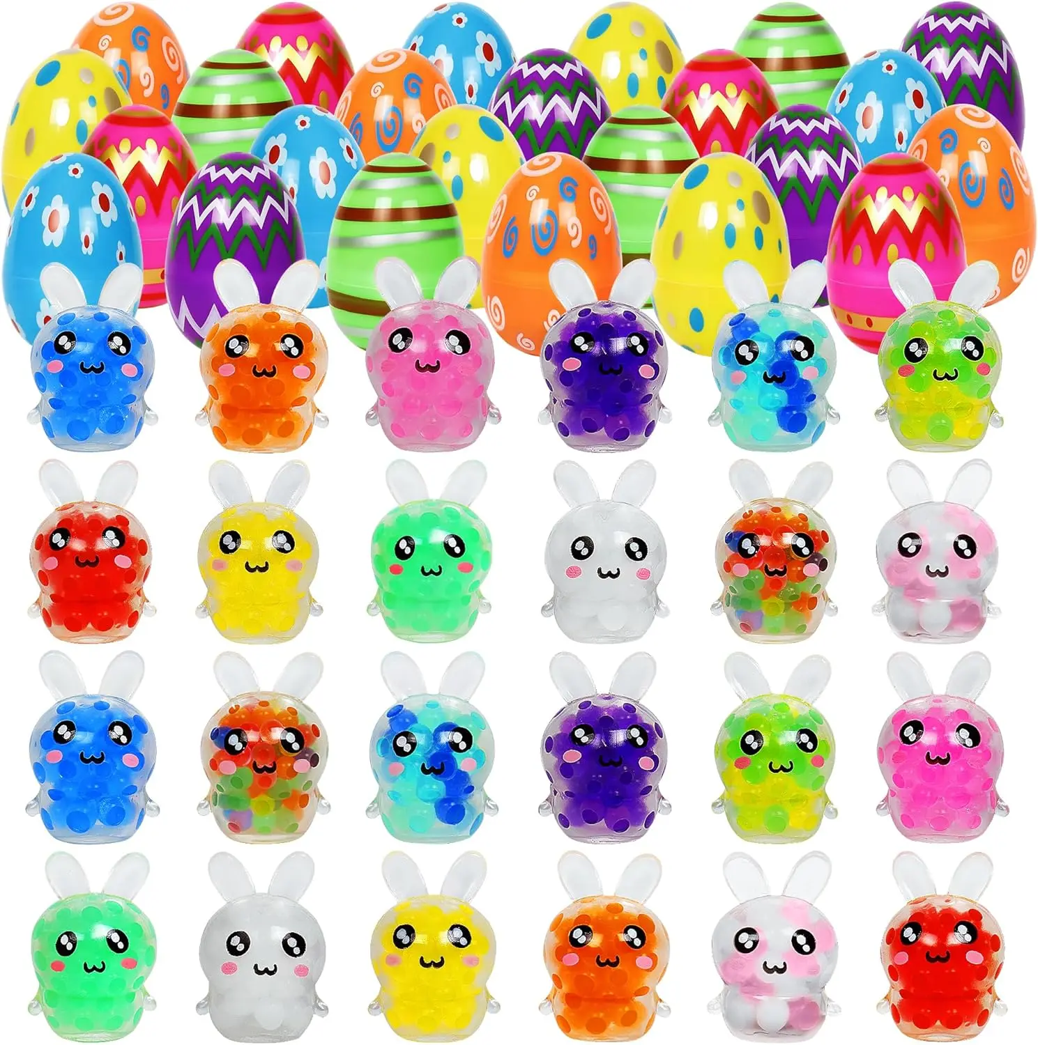 24 Pack Prefilled Easter Eggs with Squeeze Toys, Easter Egg Hunt Party Favors, Easter Basket Stuffers, Sensory Stress Relief Toys, Easter Gifts for Kids, Boys & Girls