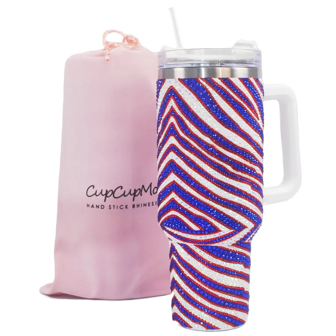 Cupcupmore 40 oz Stylish Stripe Zebra Bling Rhinestone Portable Stainless Steel Sippy Tumbler - Vacuum Insulated Flask with Strong Insulation, Straw, Lid, Handle, Sparkle Car Cup Holder, Keeps Drinks Cold 12 Hrs
