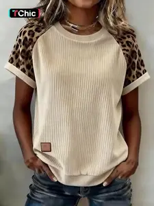 Summer Casual Leopard Print Patchwork Sleeve Loose Fit T-Shirt, Trendy Daily Wear Top, Comfortable and Stylish Design for Men and Women