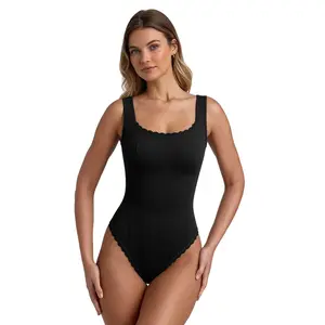 UEOIOW Women's Lace Trim Bodysuit - Square Neck Tummy Control Shapewear Leotard, Seamless Thong Bottom Tank Top, Flattering Black Going Out Basic, Cute Coquette & Balletcore Aesthetic Everyday Outfit