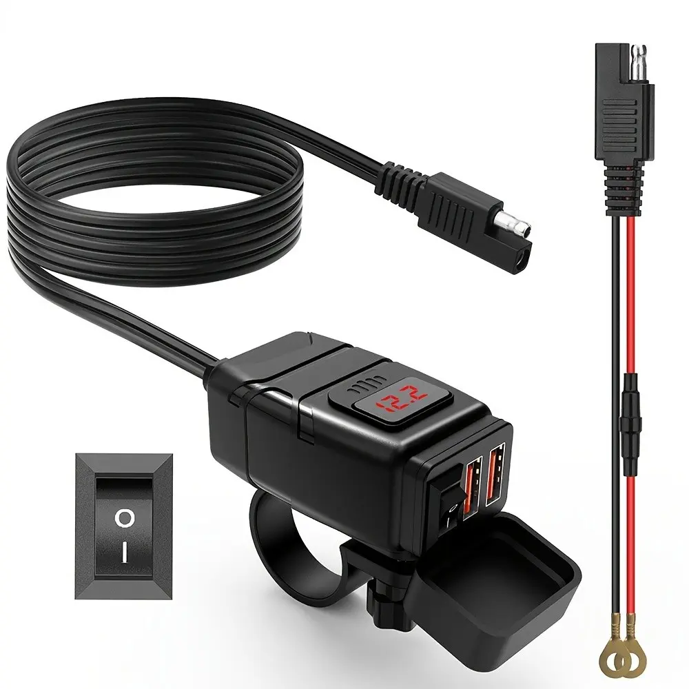 USB Charger for Motorcycles - Dual USB Ports Compatible with 12V-24V Bikes - Handlebar Power Supply Socket - Must-Have Accessory for Riders - DC Charging - USB Car Charger - Usb Powered Charging