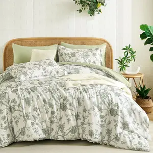 Floral Queen Comforter Set 7 Pieces Bed in a Bag, Sage Green Flower with Bird Bedding Set, Soft Reversible Comforter with Sheet Set 90"x90"