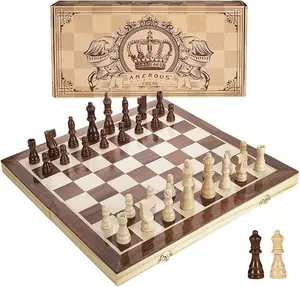 Magnetic Wooden Chess Set - 15 Inches Portable Travel Chess Game with 2 Extra Queens, Folding Board, Pieces Storage Slots & Handmade for Kids