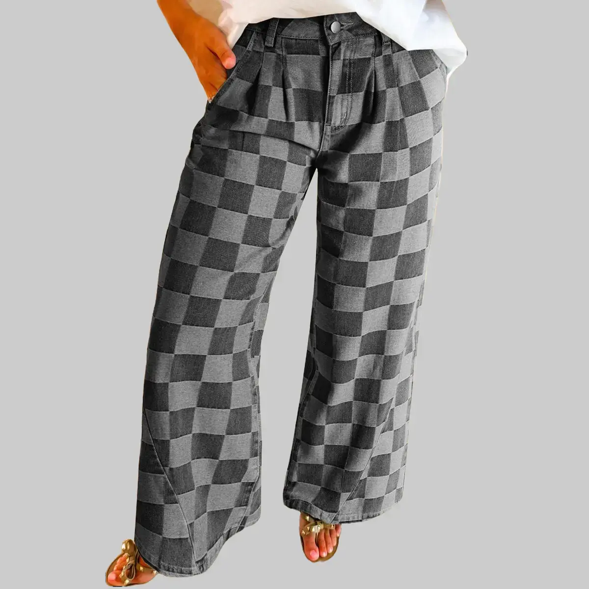 Women's Plus Size High-Waist Plaid Soft Non-Stretch Denim Wide-Leg Gray Cold Wash Jeans - Pleated Detail, Shifted Stitching, Decorative Details, Soft Flared, Oversized Baggy, Loose Fitted Casual Multi-Season Bottoms (lc7875123-p2011), Soft Flared Jeans