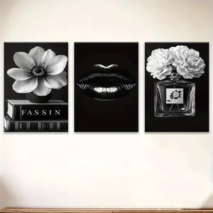 America 3-Piece Exquisite Wooden Frame Canvas Wrapped Paintings Wall Art Prints Modern Black & White Decor with Alluring Lip Shape Floral & Perfume Bottle Design for Bedroom Hallway Decor Perfect Gift for Lovers Hanging Artistic - Flower