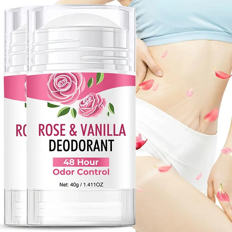 2-Pack Deodorant Sticks with Hyaluronic Acid, 72-Hour Rose & Vanilla Scented Underarm & Body Care for Intimate Areas, Unisex Floral Aroma, Underarm Care, Alcohol Free Deodorants, All Skin Types, Cosmetic