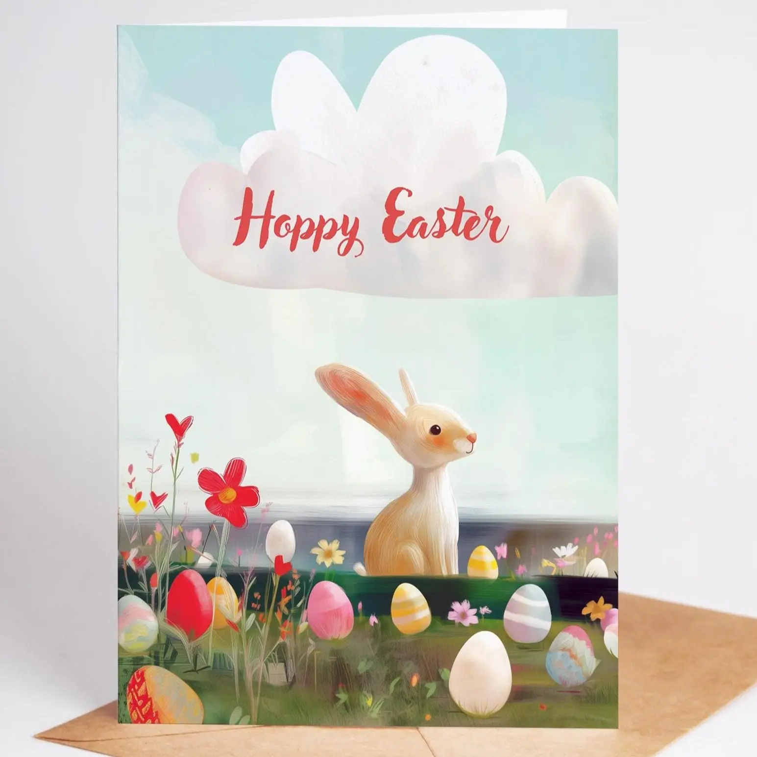 Handmade Easter Greeting Card | Hoppy Easter Bunny and Eggs Card | Cute Rabbit Spring Card | Whimsical Easter Holiday Card