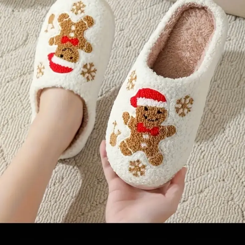 Channel Gingerbread Man Cozy Slippers for Women Soft Fabric with Embroidered Cartoon Design Non-Slip EVA Sole All-Season Indoor Comfort Slippers with Plush Lining Gingerbread Slippers