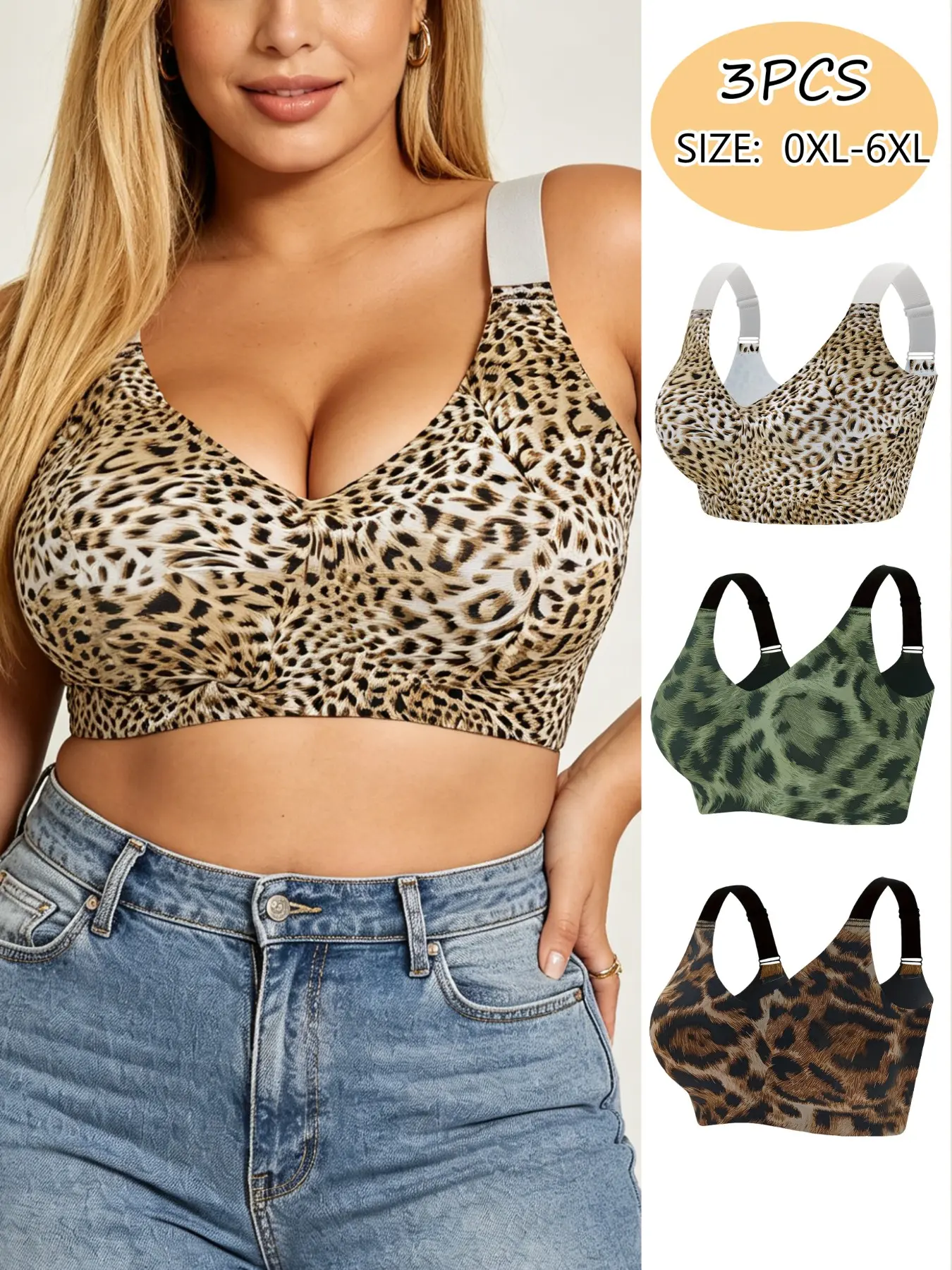 3 pieces of large-size fashionable leopard print seamless invisible supportive women's bras Adjustable Bra, featuring zero-pressure comfort and strong containment, with widened pressure-reducing shoulder straps for long-lasting wear without fatigue.