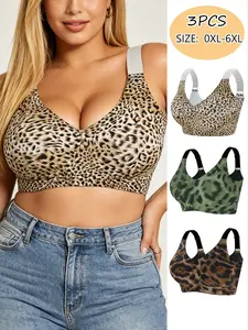 3 pieces of large-size fashionable leopard print seamless invisible supportive women's Wireless bras, featuring zero-pressure comfort and strong containment, with widened pressure-reducing shoulder straps for long-lasting wear without fatigue, Underwear