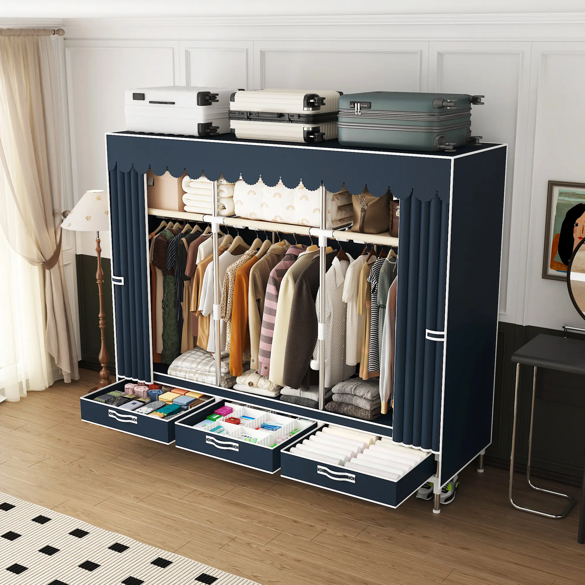 A portable wardrobe with ample capacity and dust-proof feature, equipped with 6 storage spaces and 3 drawers, suitable for use in families, bedrooms, rental houses, international students' dormitories, student hostels, and various storage scenarios.