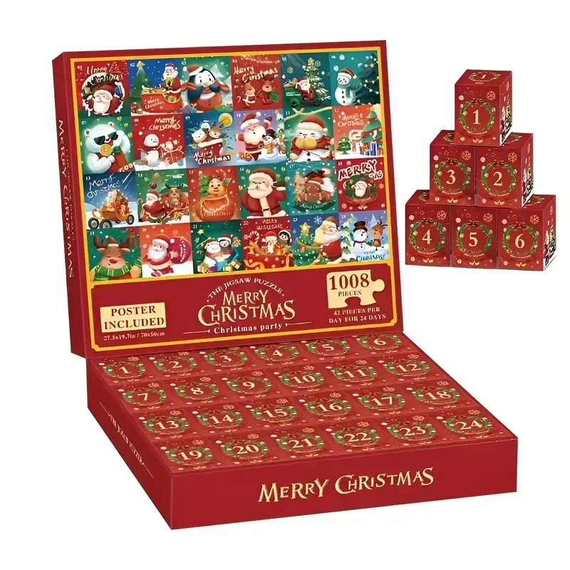 Christmas Countdown Mystery Gift Box Puzzle Game, 1008 Pieces, 24 Different Cartoon Patterns Including Santa, Daily Surprises, Home Decor Party Toy, Perfect Christmas Gift