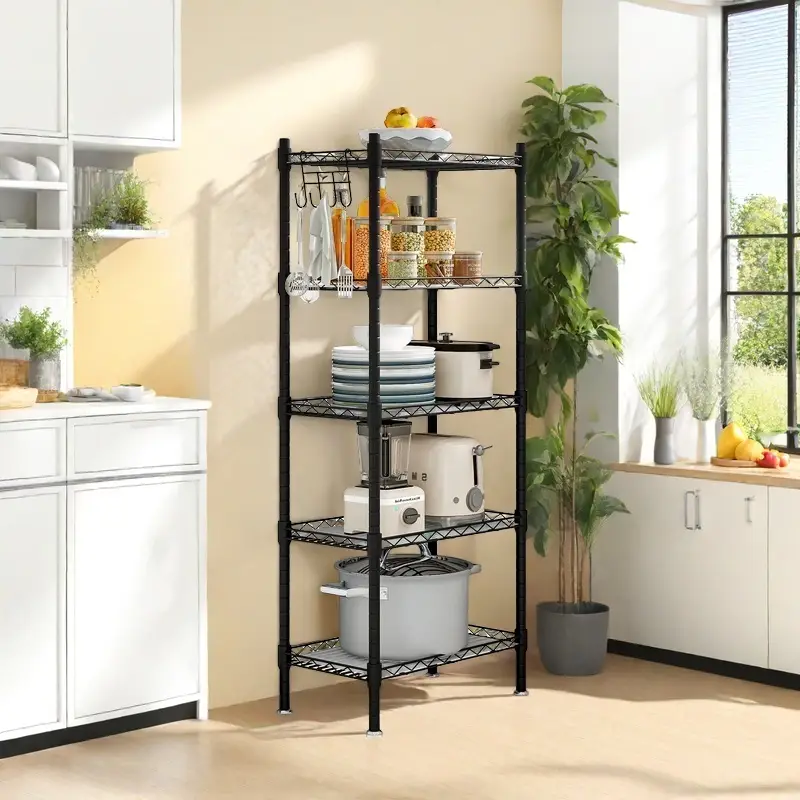 SUOERNUO 5/6 Wire Metal Shelf Storage Rack Multilayer Display Hanging Organizer for Kitchen Laundry Garage Bathroom Pantry Closet Office Black Adjusta