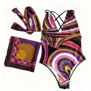 Bohemian Floral Silk One-Piece Swimsuit for Women – Adjustable Swimwear with Matching Scarf & Headband – Comfortable & Stylish for Summer Relaxation