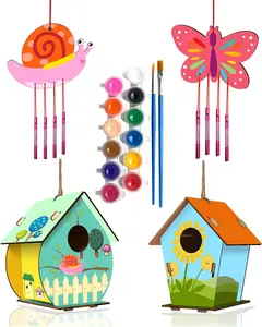 4 Pack DIY Bird House Wind Chime Kits for Children to Build and Paint Wooden Arts and Crafts for Kids Girls Boys Toddlers Ages 8-12
