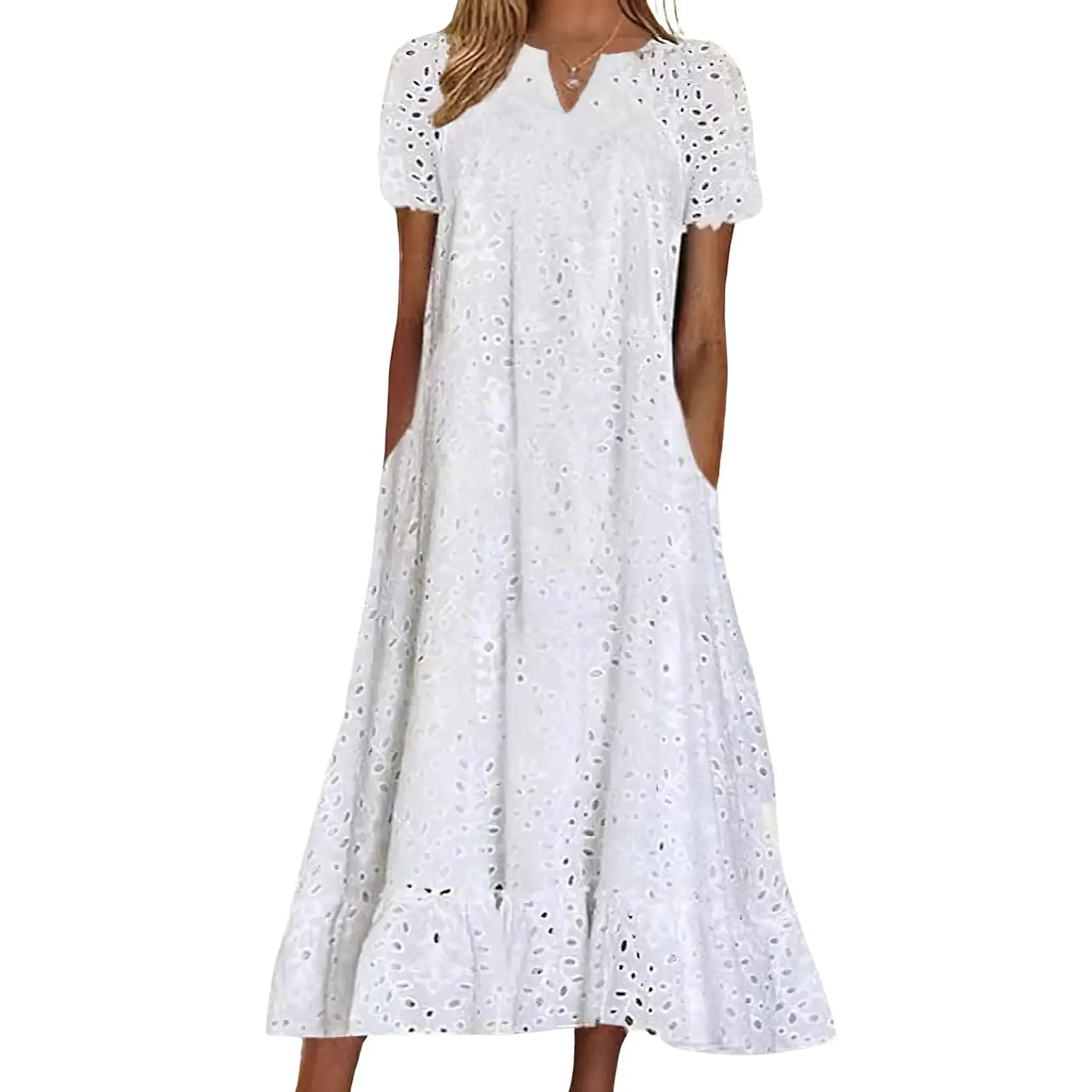 Chouyatou Women's Comfy Breathable Short-Sleeve Floral Lace Eyelet Midi Dress, Casual Notch Neck Ruffled Hem Tunic with Pocket for Cocktail Occasions, Beach, Party, Loose, Lightweight, Below The Knee, A-Line, Bag, Floral Hollow, Cotton, Shortsleeve, Flowe