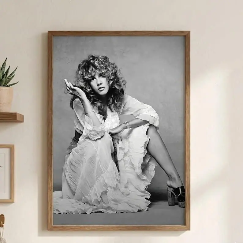 Stevie Nicks Vintage Sustainable Poster - 1980s Classic Rock Music Photo, 70s Icon, Witchy Boho Black-and-White Wood-Paper Cartoon Print, 12x18/18x12in Unique Decor Collectibles, Kid Room Home Decor Fan Gift