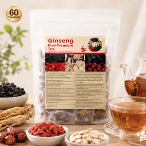 Ginseng Herbal Tea Bags – Five Treasure Traditional Tea Blend with Ginseng, Red Date, Goji Berry, Mulberry and Polygonatum, Individually Wrapped Botanical Tea for Daily Enjoyment, 30/60/90 Bags