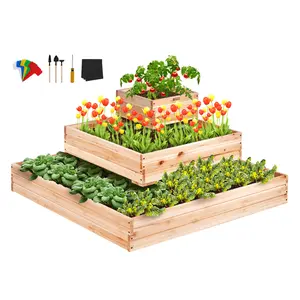 VEVOR Raised Garden Bed,  3.7 x 3.7 x 1.7 ft Wooden Planter Box, Outdoor Planting Boxes with Open Base, for Growing Flowers/Vegetables/Herbs in Backyard/Garden/Patio/Balcony, Burlywood