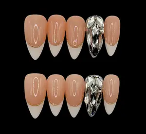 006 Baddies Couture Collection Nude French Tips with Bling Ring Finger Glossy False Nails for Stylish Manicures