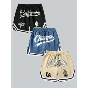 California Chicago Los Angeles City Streetwear Drawstring Basketball Shorts 3-Piece Set -, Multi Color Black/Blue/Beige Pattern Sports Shorts, Retro City Font Casual Street Shorts, Perfect Gift for City Fashion Fans and Street Basketball Enthusiasts