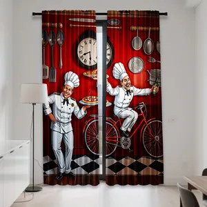 2pcs Whimsical Chef Bicycle & Pizza Delivery Door Curtains - Vibrant Polyester Rod Pocket Design, Light Filtering, Perfect for Kitchen, Bedroom, Living Room, or Office Decor, Machine Washable, Chef Kitchen Decor