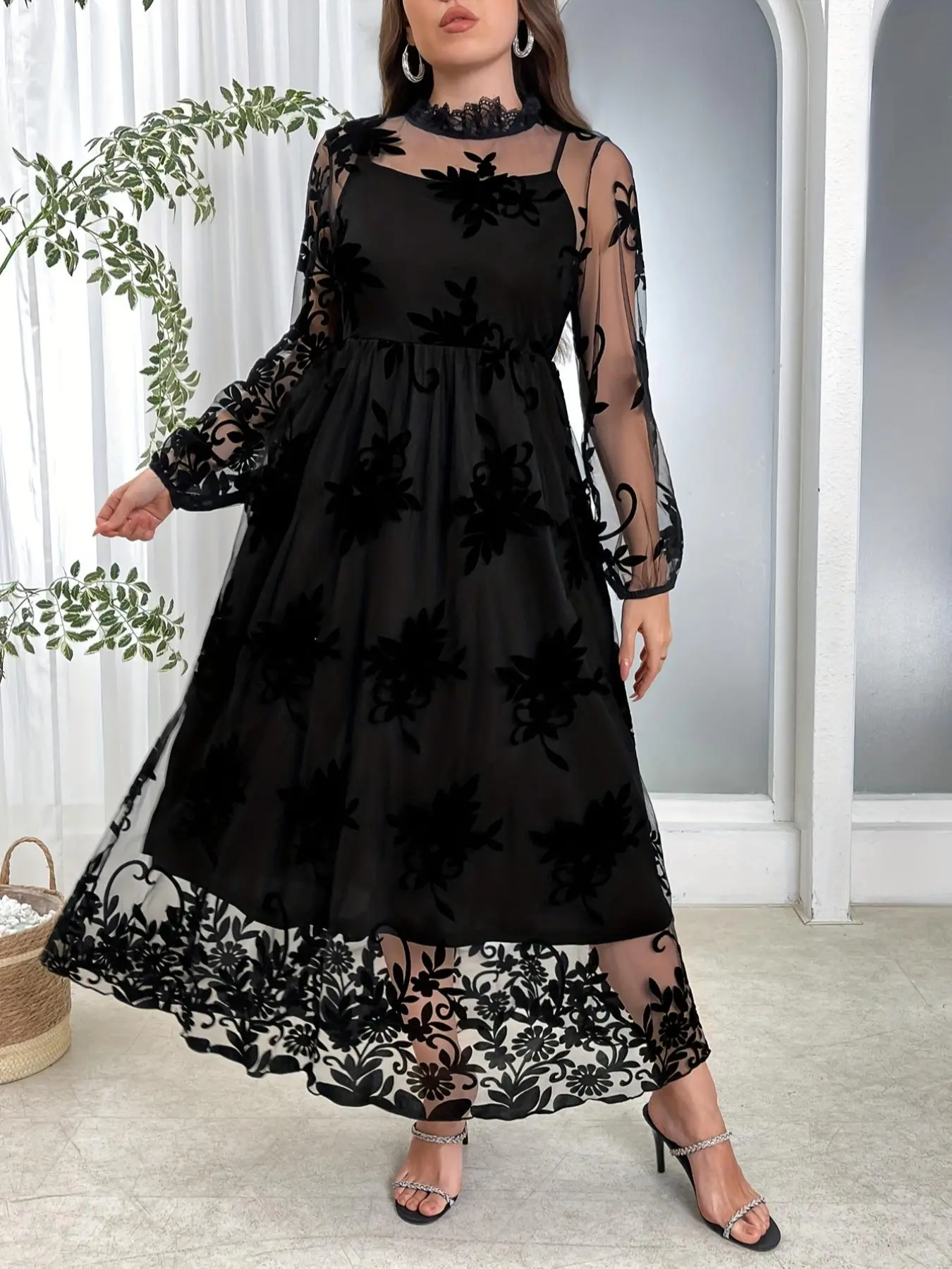 【Plus Size】 Floral Lace Fake Two-piece Dress, Elegant Chic Long Sleeve Maxi Dress for Party Wedding Guest, Wedding Guest Dresses, Women's Clothes for All Seasons