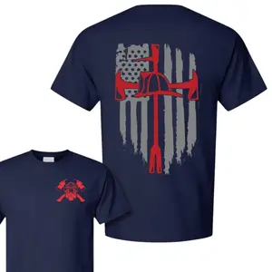 Firefighter Tools Flag T-Shirt, Patriotic Firefighter Axe & Helmet Graphic Tee, Thin Red Line Style Shirt, Fire Rescue Apparel, Soft Cotton Gift for Firefighters