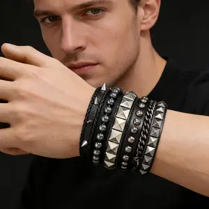 Men's Spiked Leather Bracelet - Multi-layer Braided Genuine Leather Punk Rock Jewelry with Pyramid Studs & Chain Links for Hip Hop Enthusiasts