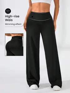 Women's Outdoor Sports Elastic Straight Leg Pants, High Waist Yoga Long Pants, Quick Dry Running Wide Leggings, Casual Loose Fit, Stretchable Activewear