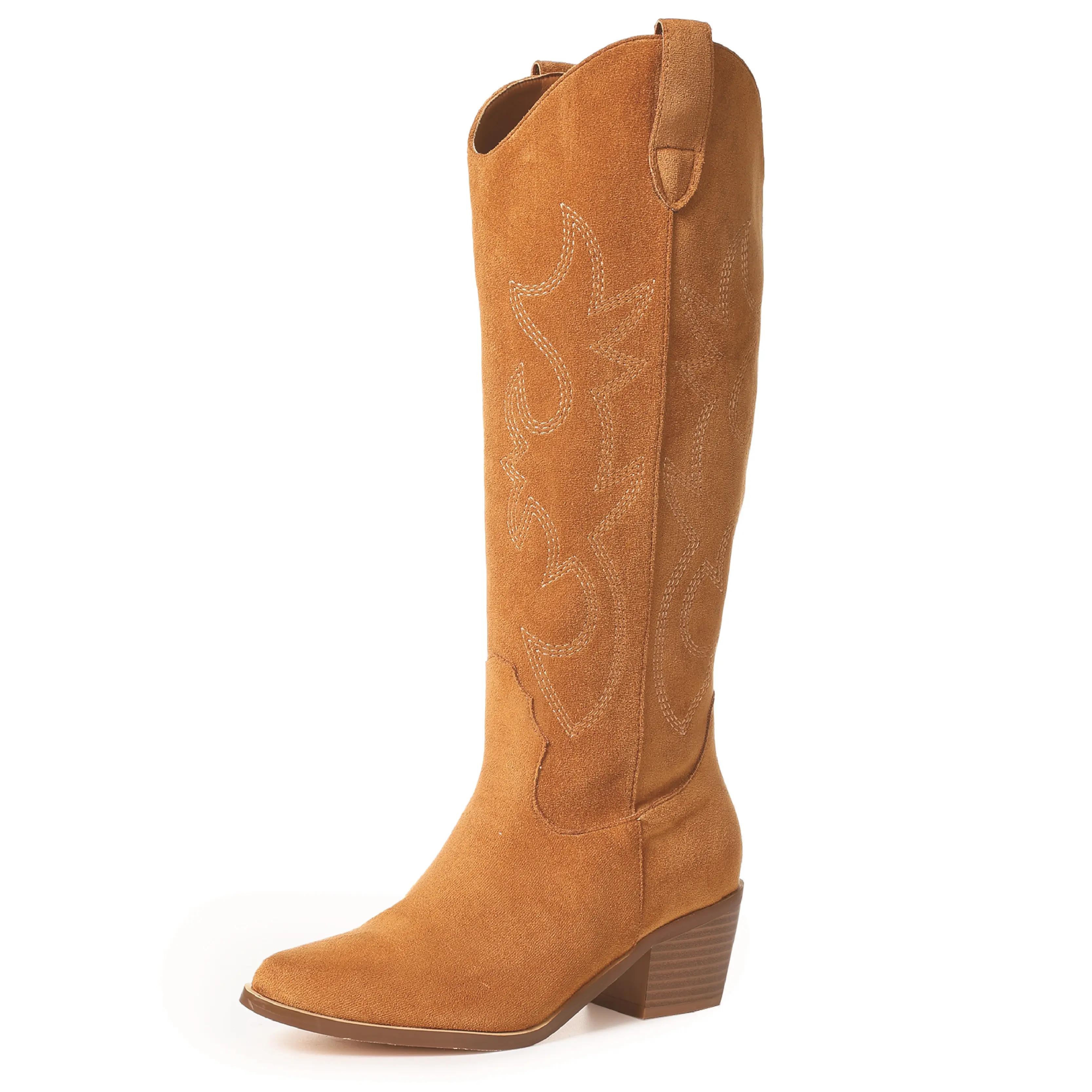 Women’s Suede Cowboy Boots Knee High Western Boots Embroidered Chunky Heel Pull On Riding Boots