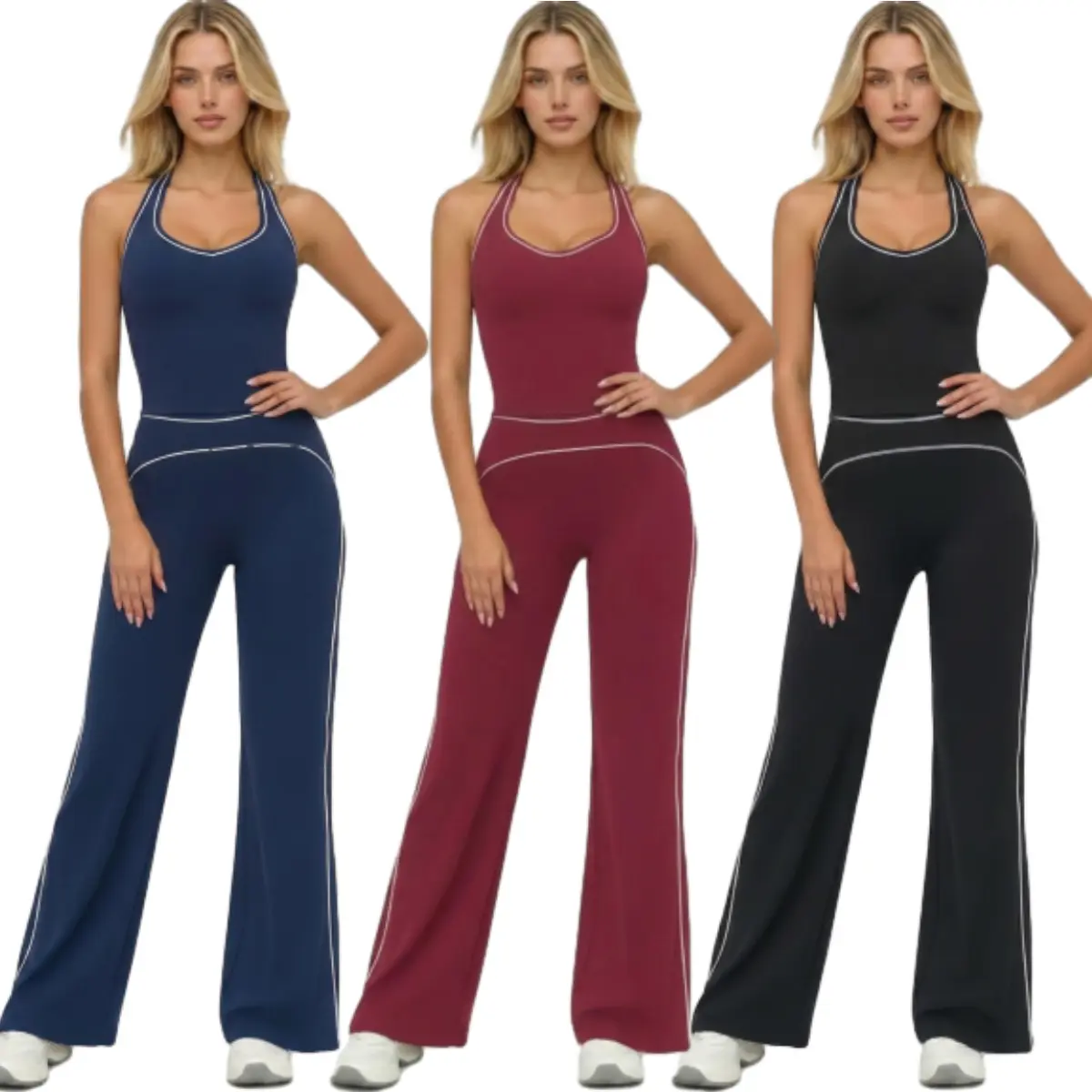 Women’s 2-Piece Athletic Matching Outfit, Contrast Compression Tank Top, Tummy Control High-Waisted Bell Bottom Flare Leggings, Breathable Activewear for Yoga and Running