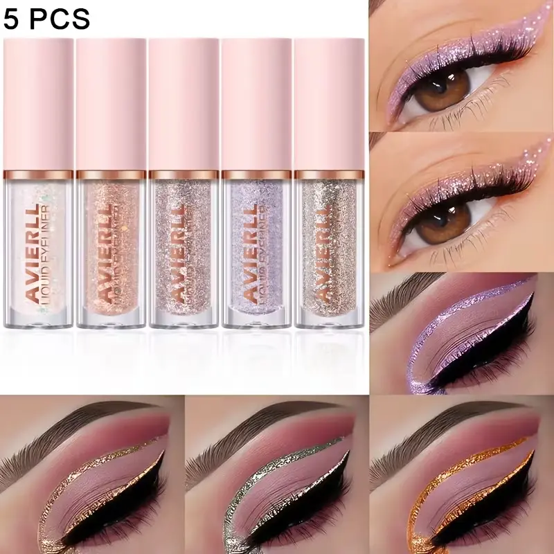 5Pcs Multi Use Glitter Eye Makeup Set Waterproof Smudgeproof Liquid Eyeliner Long Lasting Sparkling Body Highlight Cosmetic Smooth Easy To Apply Sweatproof Eyeshadow sohochic