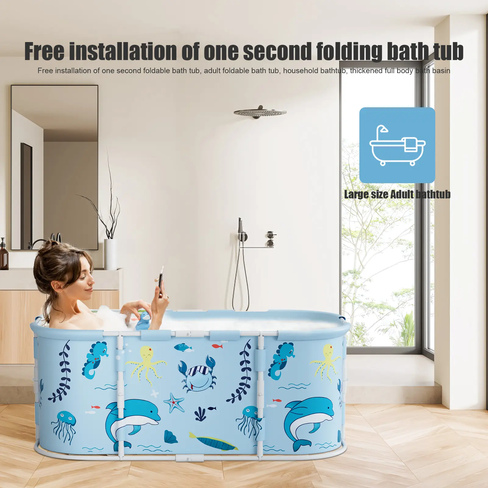 43" Extra Large Free-Standing Surround Collapsible Bathtub with Plastic Frame, Home Bathroom Spa for Adults
