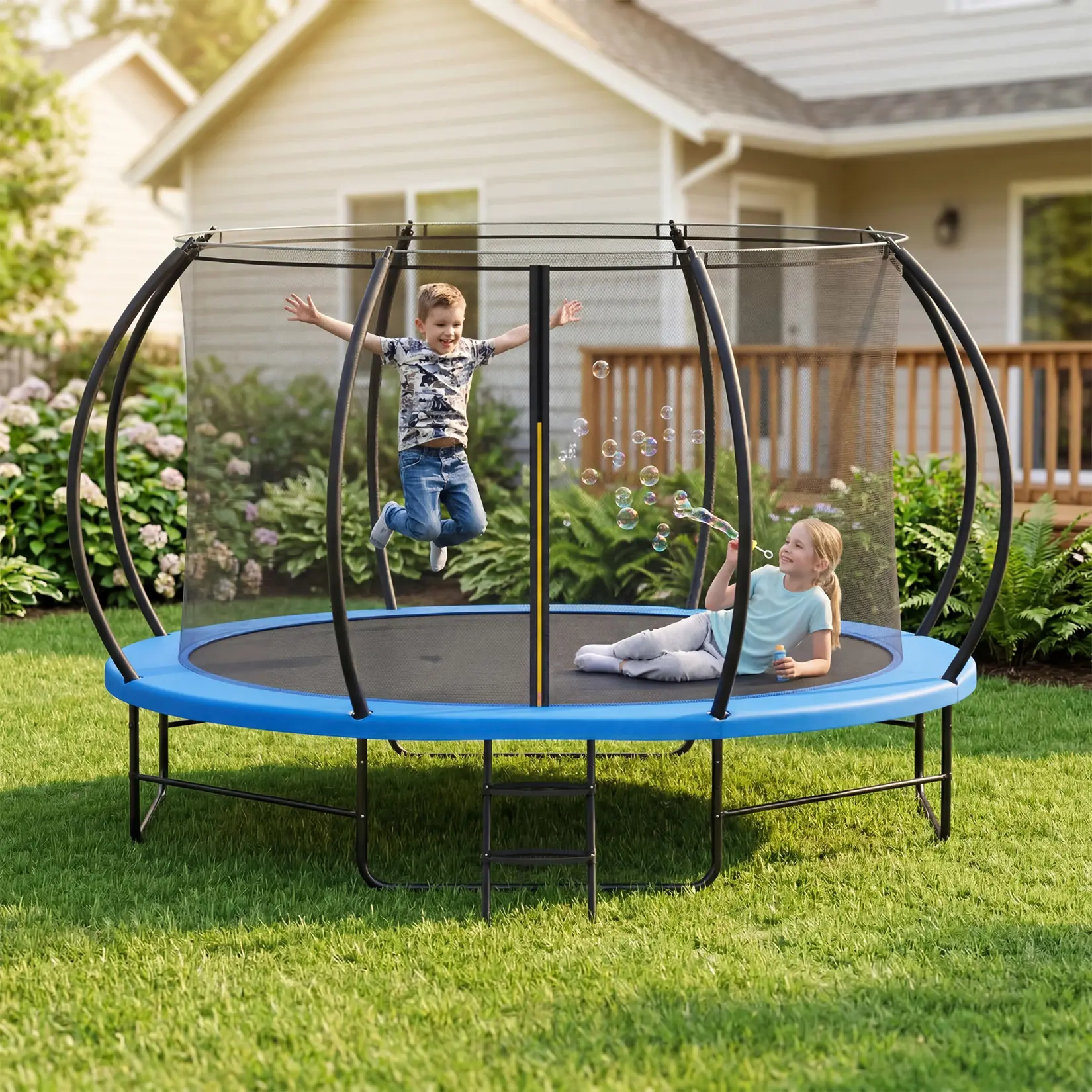 Outdoor Trampoline, 14FT Heavy Duty Family Trampoline, Built with Safety Enclosure Curved Support Poles and Ladder, 1760LBS Load Bearing for Backyard Daily Entertainment