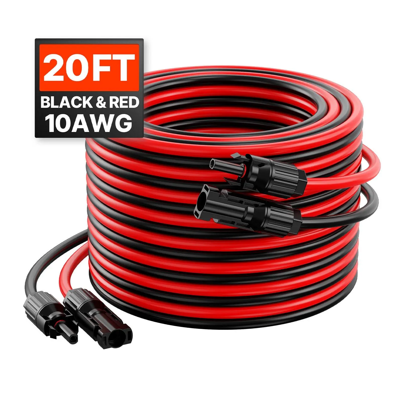 VEVOR 20 Ft/6.1 M 10AWG Home Solar Panel Extension Wire 1 Pair Pack, Male & Female Connectors, 100% Tinned Copper, Durable Flexible, Rainproof IP67, Water Resistant, Efficient Conductivity, Easy Installation, All Seasons Use, Easy Plug & Play