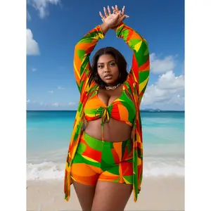 Plus Size Tropical 3-Piece Swimsuit, Colorful Print Tankini with Long Sleeve Cover Up, Curvy Beach Outfit Vibrant Abstract Print Plus Size Tankini Set with Cover Up Colorful Swimsuit elegant swimwear suit stylish modest